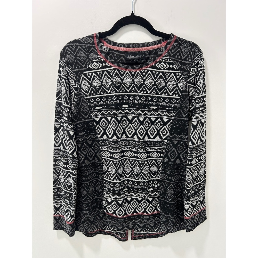 North River Outfitters Womens Black White Tribal Geometric Long Sleeve Top L